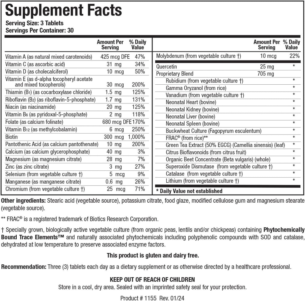 BIOTICS RESEARCH Bio Trophic Plus - Multivitamínico y Mineral Integral en Forma Alimentaria, Soporte Glandular, Concentrado de Remolacha Orgánica, Bioflavonoides Cítricos, SOD, Catalasa - 90 Comprimidos
