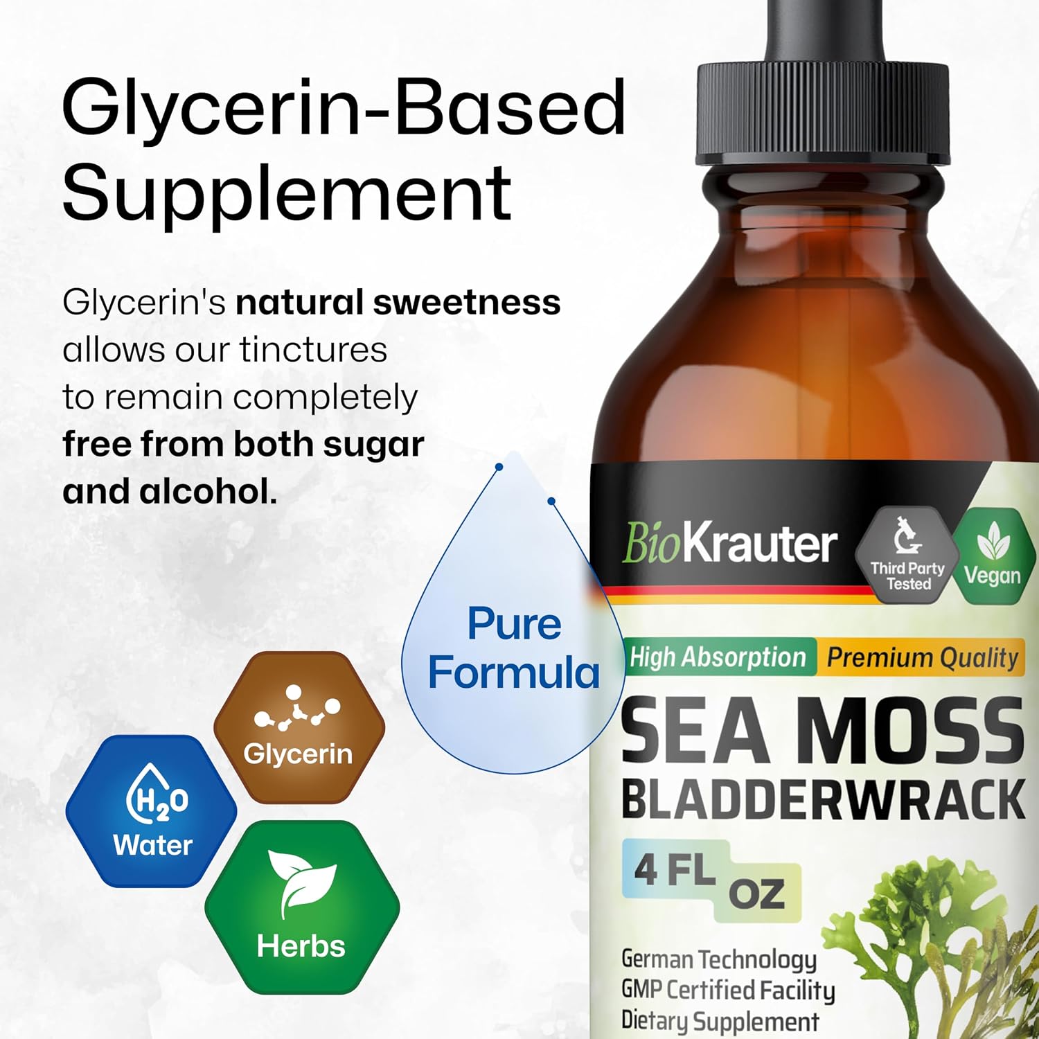 BIO KRAUTER® Gotas de Musgo de Mar y Bladderwrack - Suplemento Vegano de Algas Marinas, 118 ml
