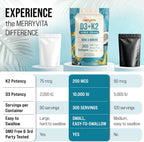 MERRY VITA Vitamina D3 K2 10000 UI + 200 mcg MK7 - 300 Cápsulas Blandas Veganas