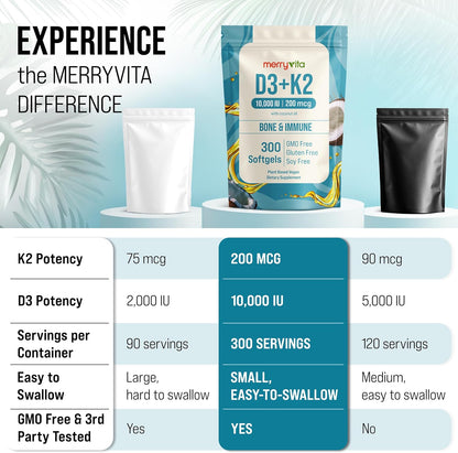 MERRY VITA Vitamina D3 K2 10000 UI + 200 mcg MK7 - 300 Cápsulas Blandas Veganas