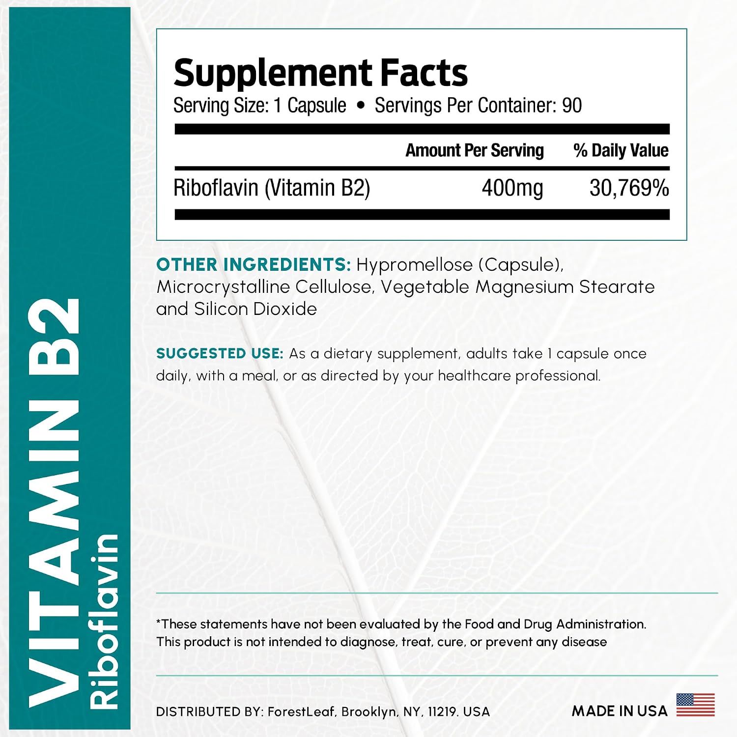 ForestLeaf Vitamina B2 (Riboflavina) 400 mg - 180 Cápsulas Vegetales - Apoyo Energético y Salud de la Piel