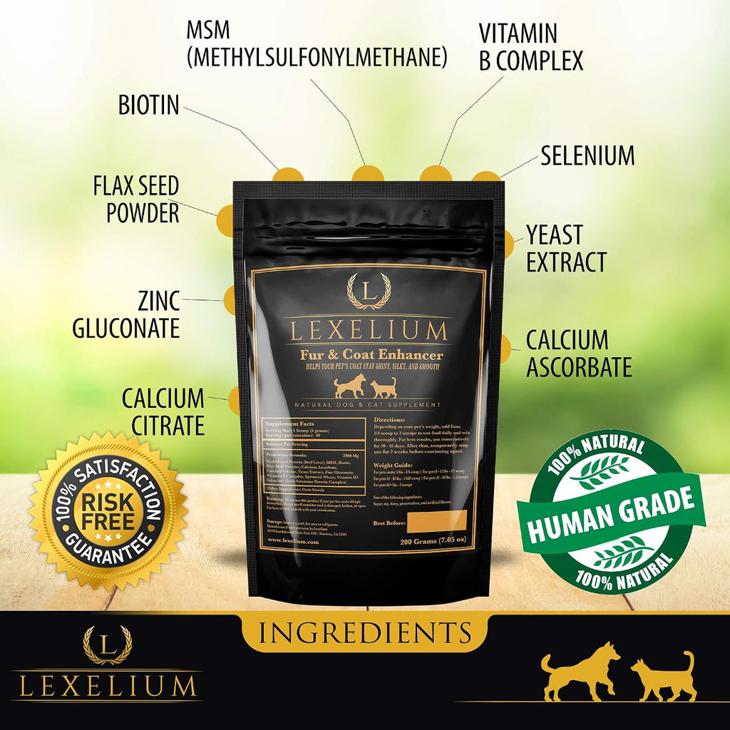 Lexelium Suplemento para la Piel y el Pelo de Perros y Gatos - Fórmula en Polvo Natural 200g