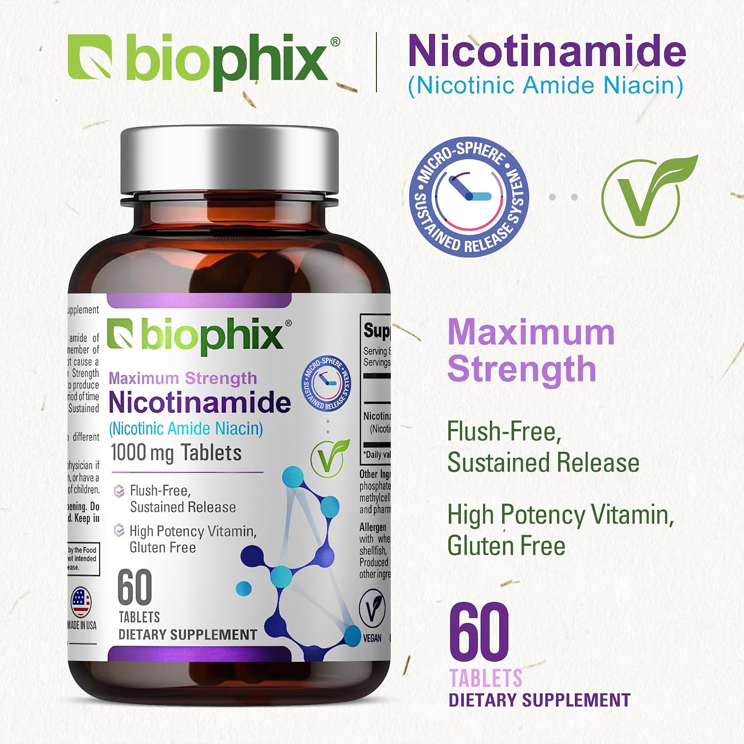 biophix B-3 Niacinamide 1000 mg 60 Tablets Sustained Release - No-Flush