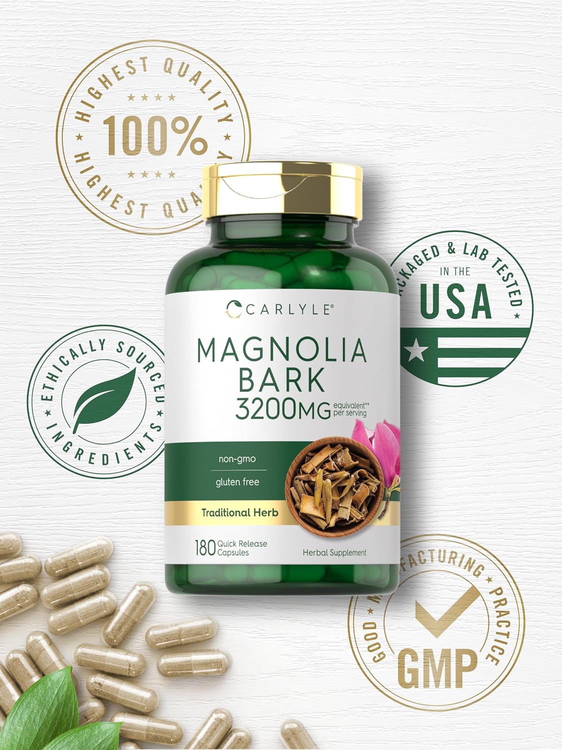 Carlyle Corteza de Magnolia | 180 Cápsulas en Polvo | Suplemento de Extracto Herbal | No-GMO, Sin Gluten