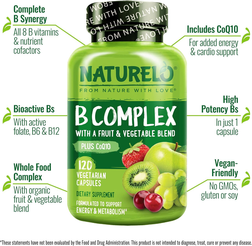 NATURELO Complejo Vitamínico B, 120 Cápsulas, Vegano, Metilado, con CoQ10 y Mezcla de Frutas y Verduras