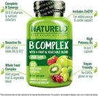 NATURELO Complejo Vitamínico B, 120 Cápsulas, Vegano, Metilado, con CoQ10 y Mezcla de Frutas y Verduras