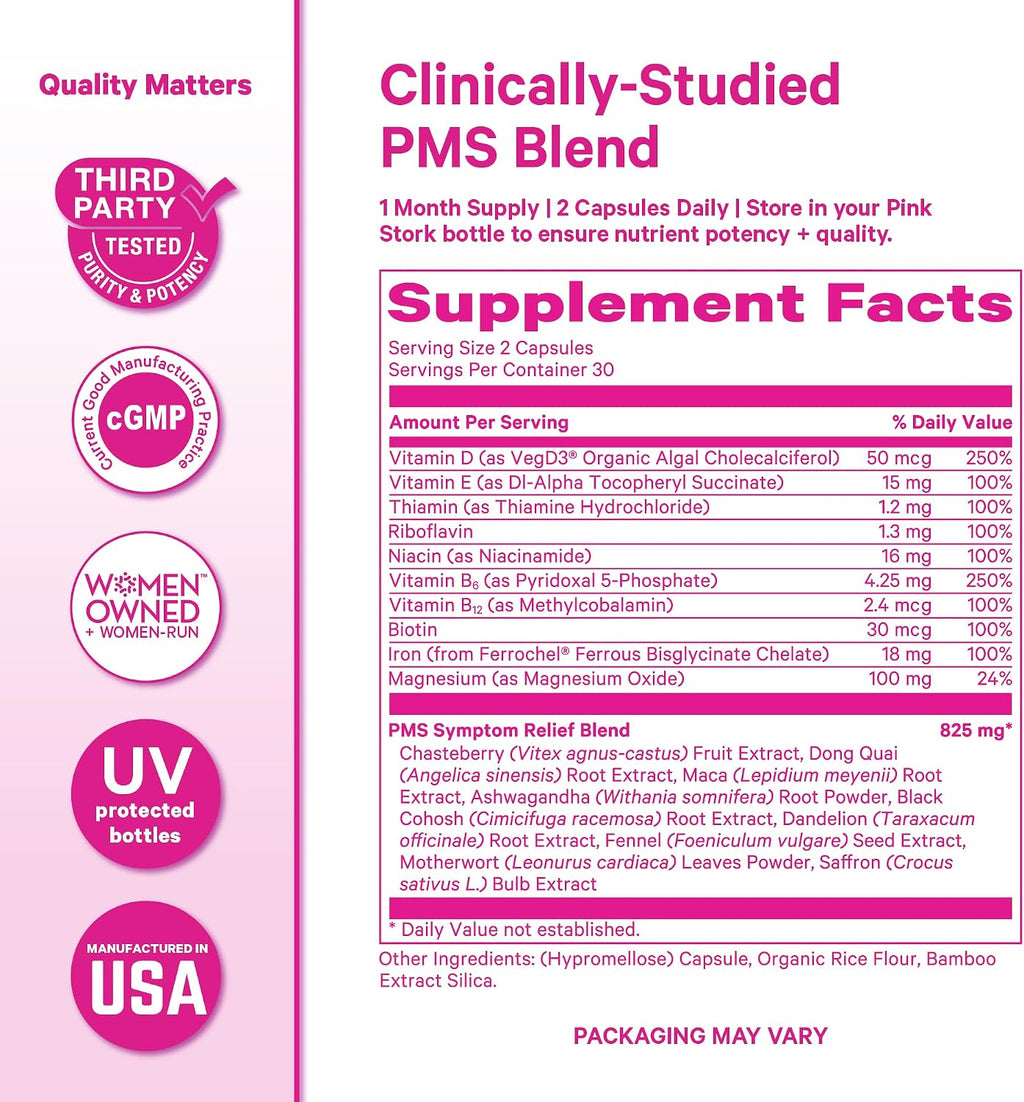 Pink Stork Suplemento PMS para Mujeres - con Vitex, Ashwagandha, Maca y 10 Vitaminas y Minerales - 60 Cápsulas