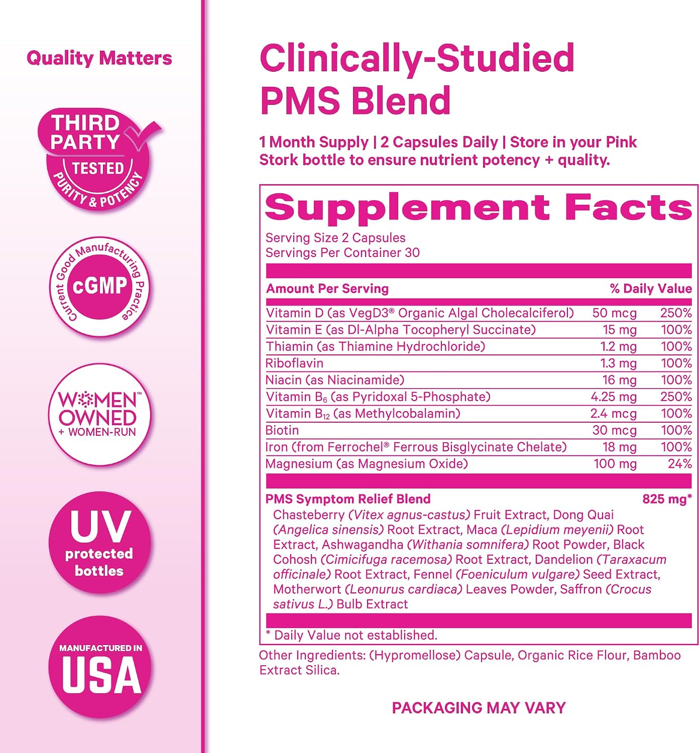 Pink Stork Suplemento PMS para Mujeres - con Vitex, Ashwagandha, Maca y 10 Vitaminas y Minerales - 60 Cápsulas