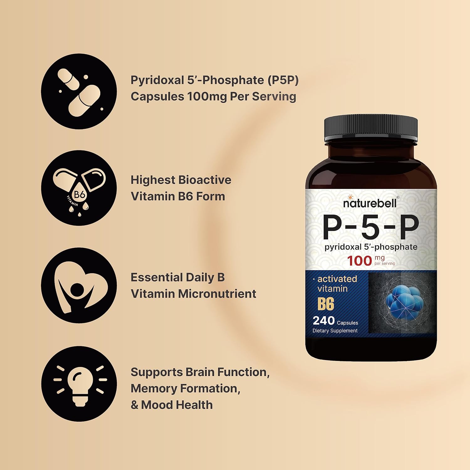 NatureBell P5P Vitamina B6 100mg por dosis, 240 Cápsulas - Piridoxal-5-Fosfato Activado