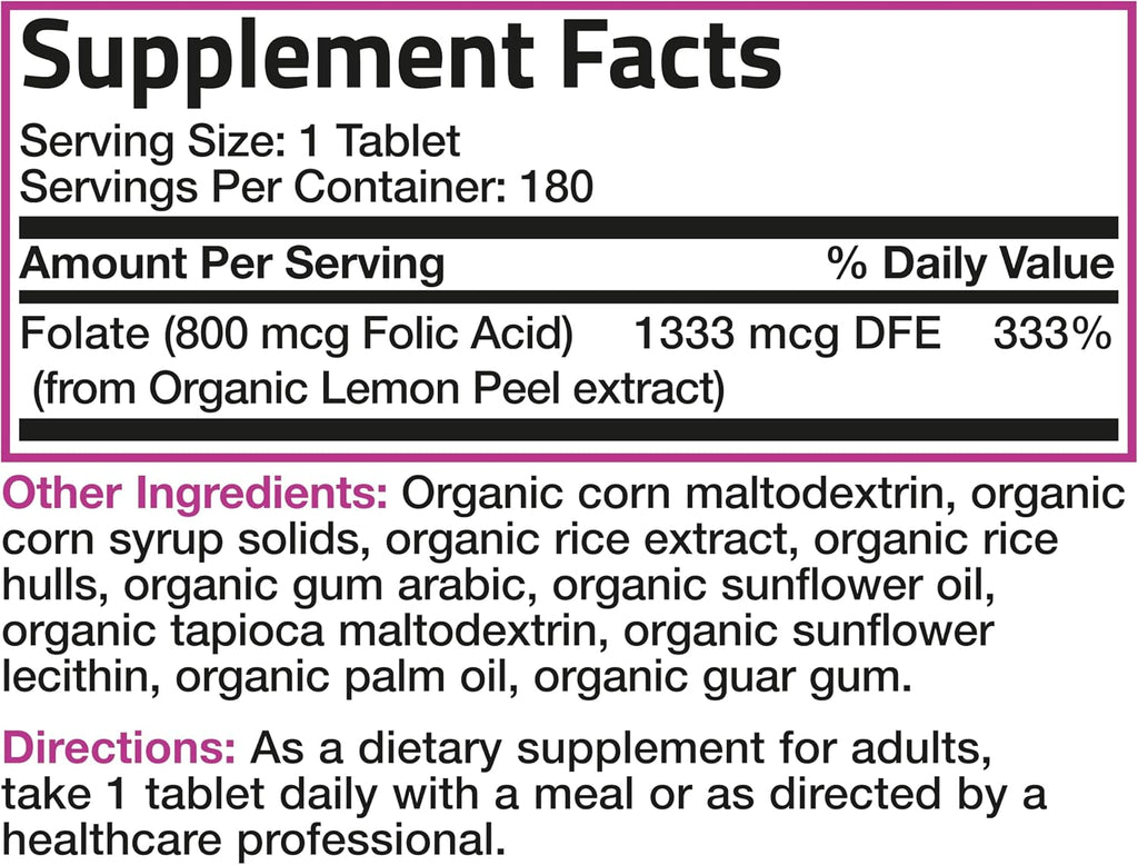 Bronson Ácido Fólico Orgánico (Vitamina B9 Folato) 800 mcg, 180 Comprimidos