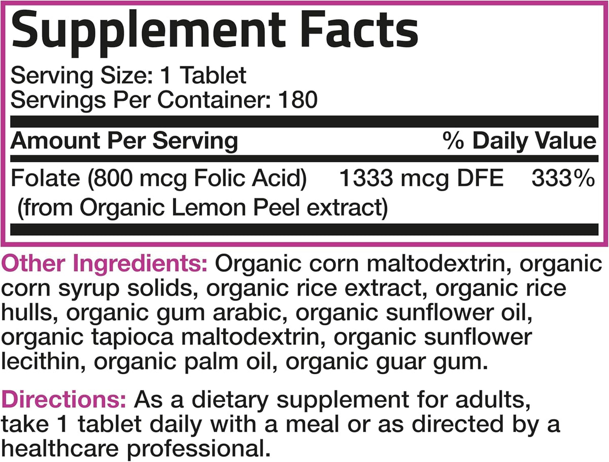 Bronson Ácido Fólico Orgánico (Vitamina B9 Folato) 800 mcg, 180 Comprimidos – Image 6