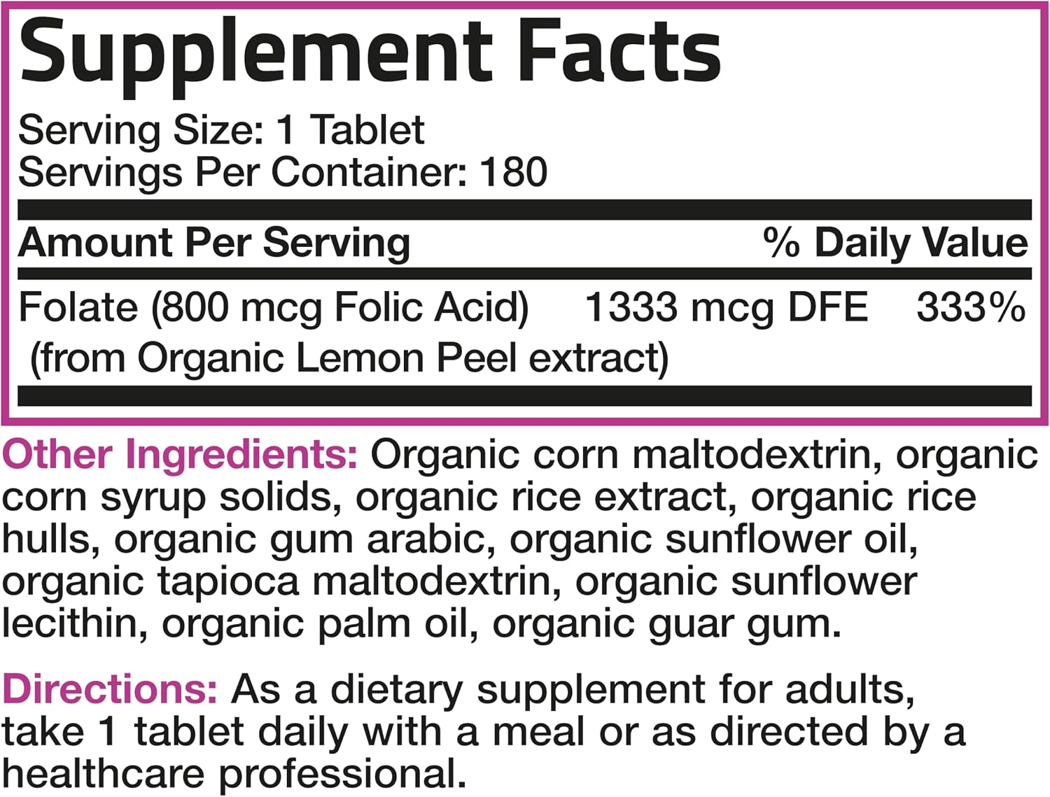 Bronson Ácido Fólico Orgánico (Vitamina B9 Folato) 800 mcg, 180 Comprimidos
