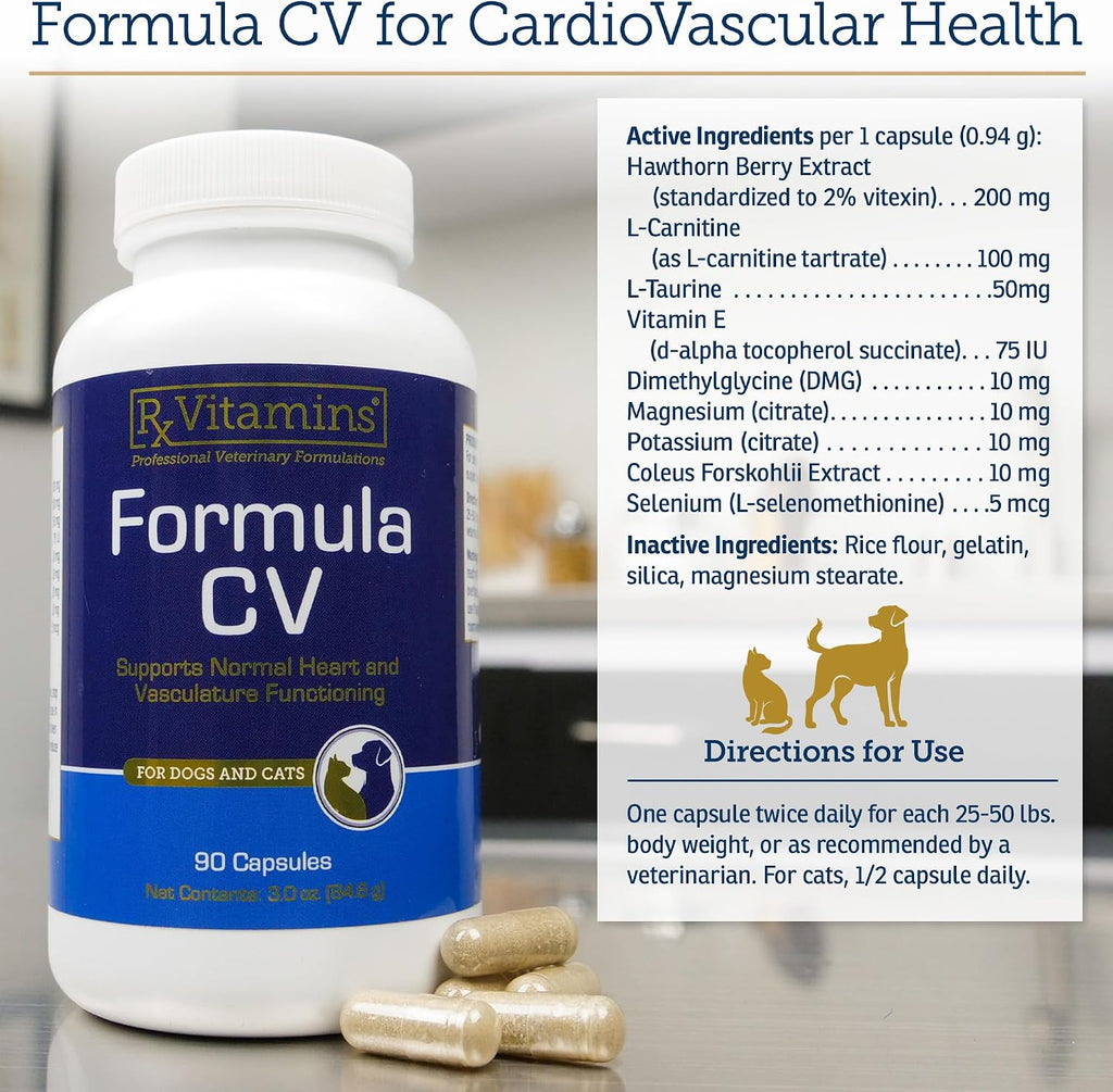 Rx Vitamins Formula CV - Cápsulas de Espino Blanco y Taurina para Perros y Gatos - 90 cápsulas