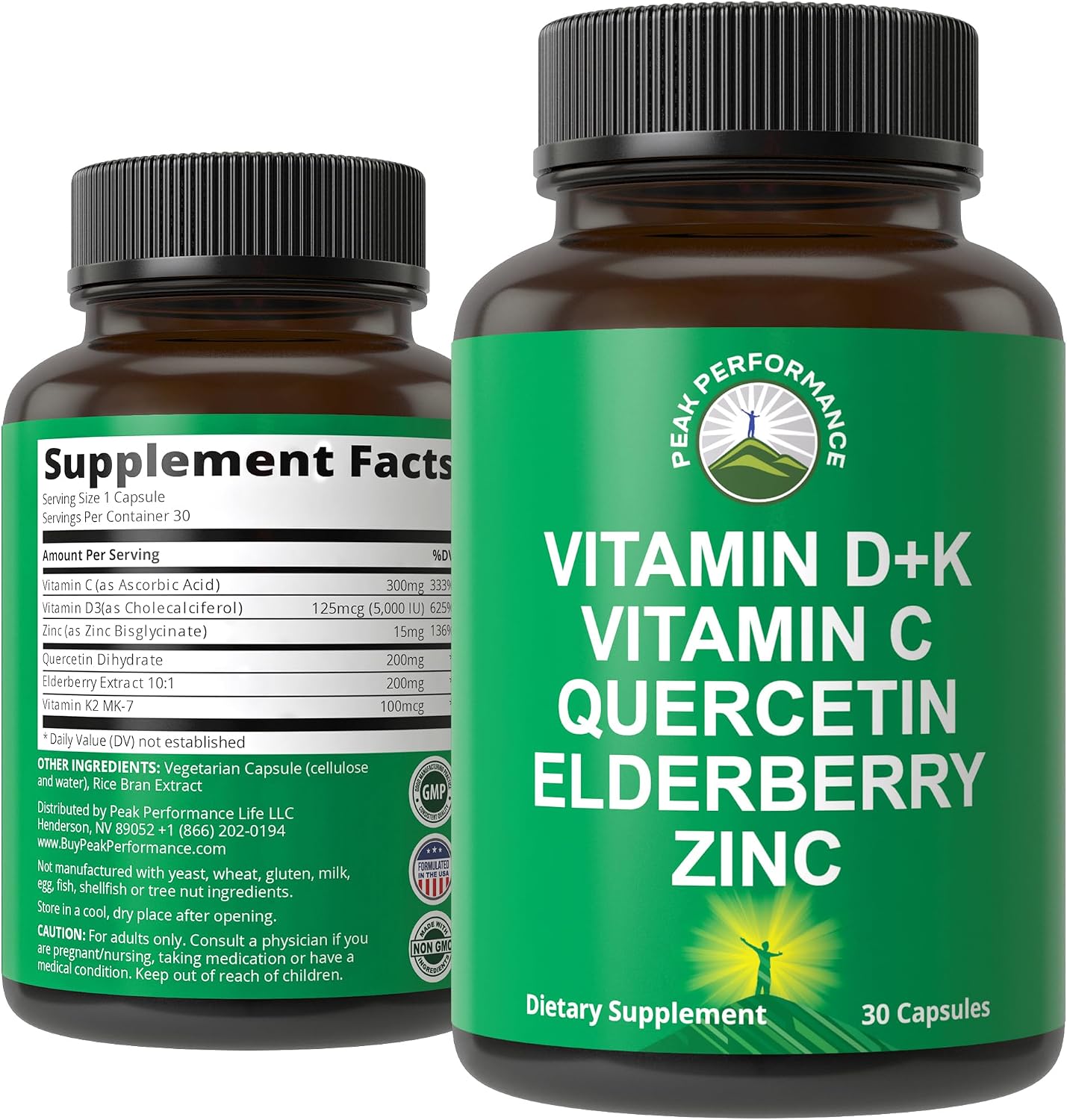 Peak Performance Immune Support – 6 en 1 con Vitamina D3 K2, C, Saúco, Zinc y Quercetina – 60 Cápsulas
