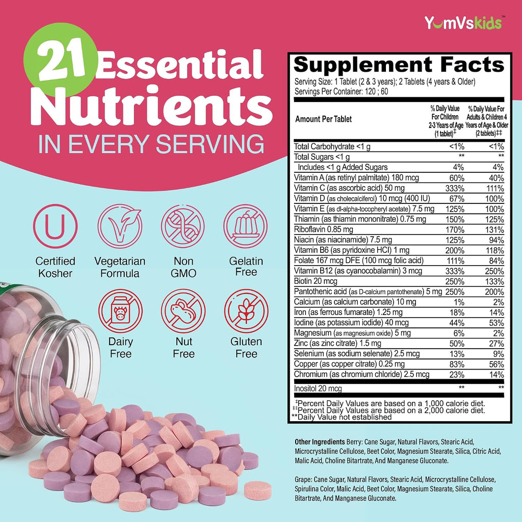 YUM-V'S Kids Multivitamin with Iron - Multivitamínico infantil masticable con hierro - 120 comprimidos (2 unidades)