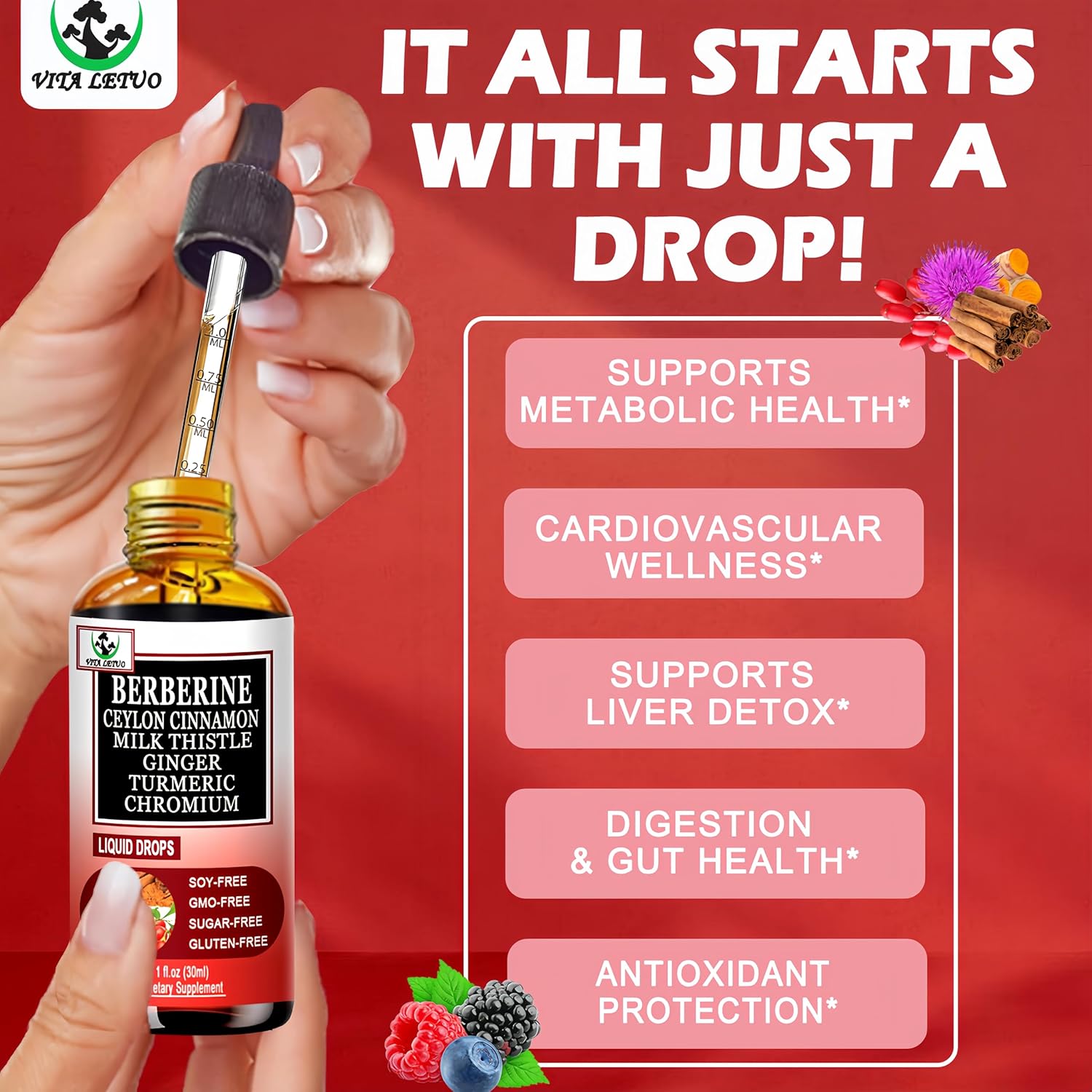 Berberine Drops 6-en-1 de Vita letuo - Complejo Líquido de Berberina con Canela, Cardo Mariano y Cúrcuma, 30 Dosis