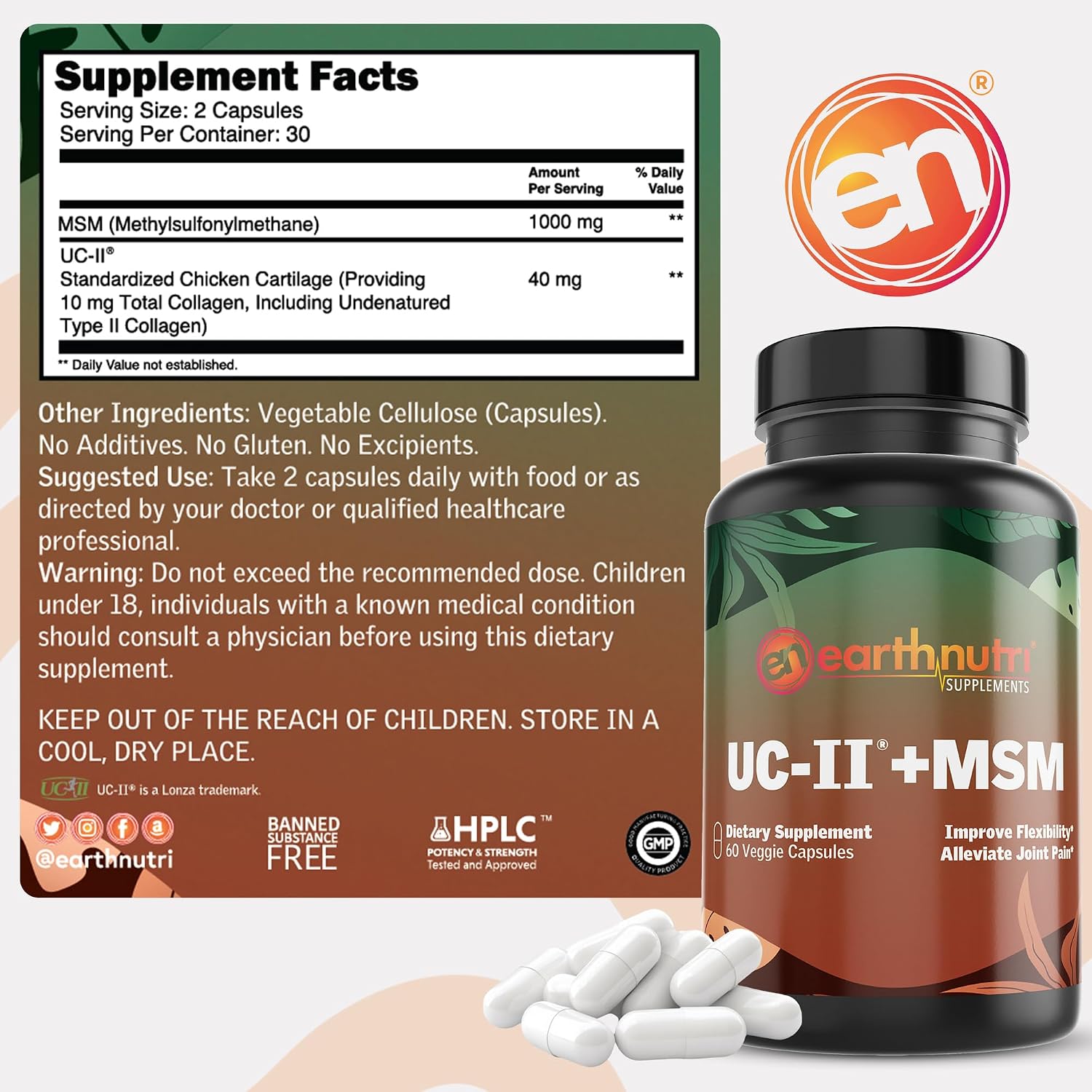 EarthNutri UC-II Colágeno y MSM - Complemento Articular, 60 Cápsulas