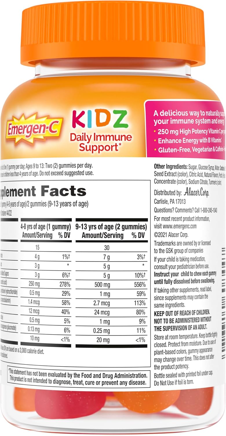 Emergen-C Kidz Gominolas de Apoyo Inmunológico Diario con Vitamina C y Vitaminas B, Sabor Fiesta de Frutas - 44 Gomitas