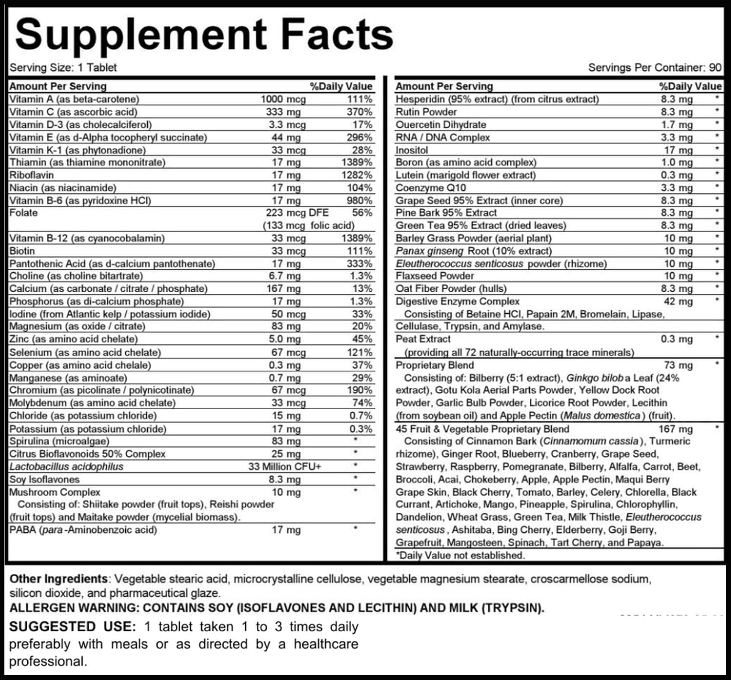 MEGAV-1 Multivitamínico, Superfood y Minerales - Complejo Diario con Probióticos y Enzimas, 90 Comprimidos