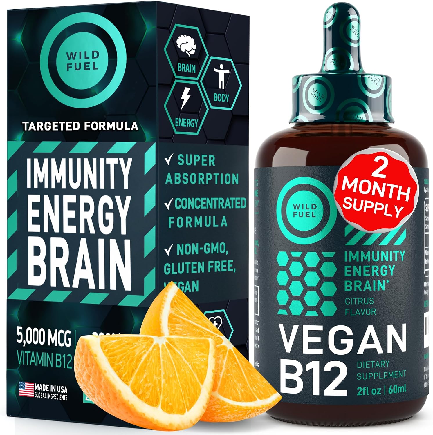 WILD FUEL Gotas de Vitamina B12 Líquida Vegana - 5000 mcg Metilcobalamina Sublingual - Apoyo Energético y Cognitivo - Sabor Cítrico Natural - 60 ml