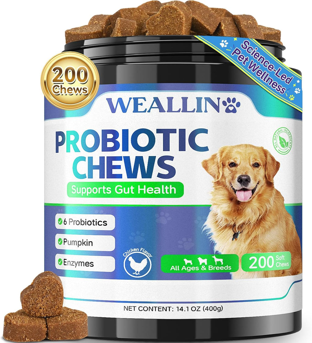 Probióticos para Perros WEALLIN - 200 Masticables para Salud Digestiva y Piel
