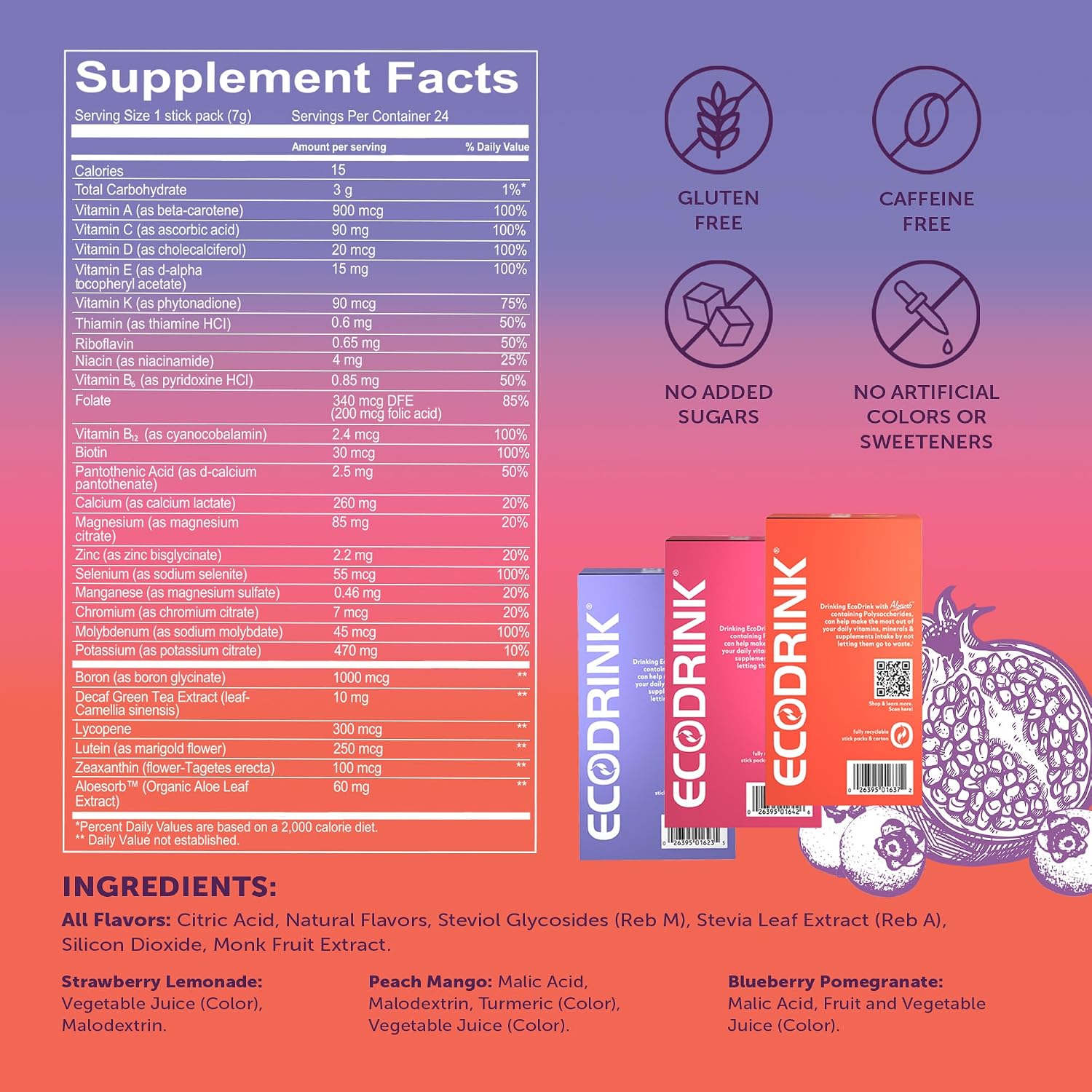 EcoDrink Multivitamínico con Aloe Vera y Electrolitos - 3 Sabores, 24 Sobres