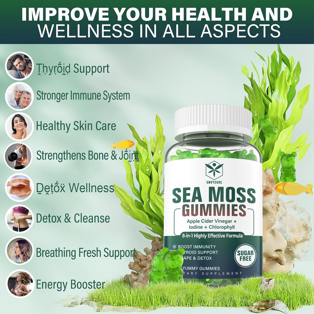 EnvyCure Gominolas de Musgo Marino Sin Azúcar - 2 Paquetes (60 Gominolas) con Yodo, Vitamina D3 y Vinagre de Manzana