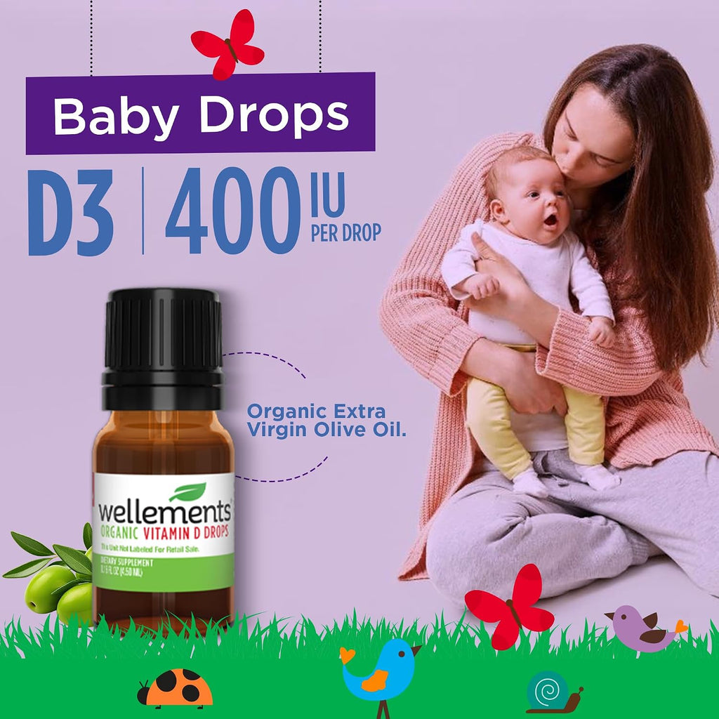 Wellements Gotas Orgánicas de Vitamina D3 para Bebés y Niños Pequeños (90 Días) - 400 IU por Gota