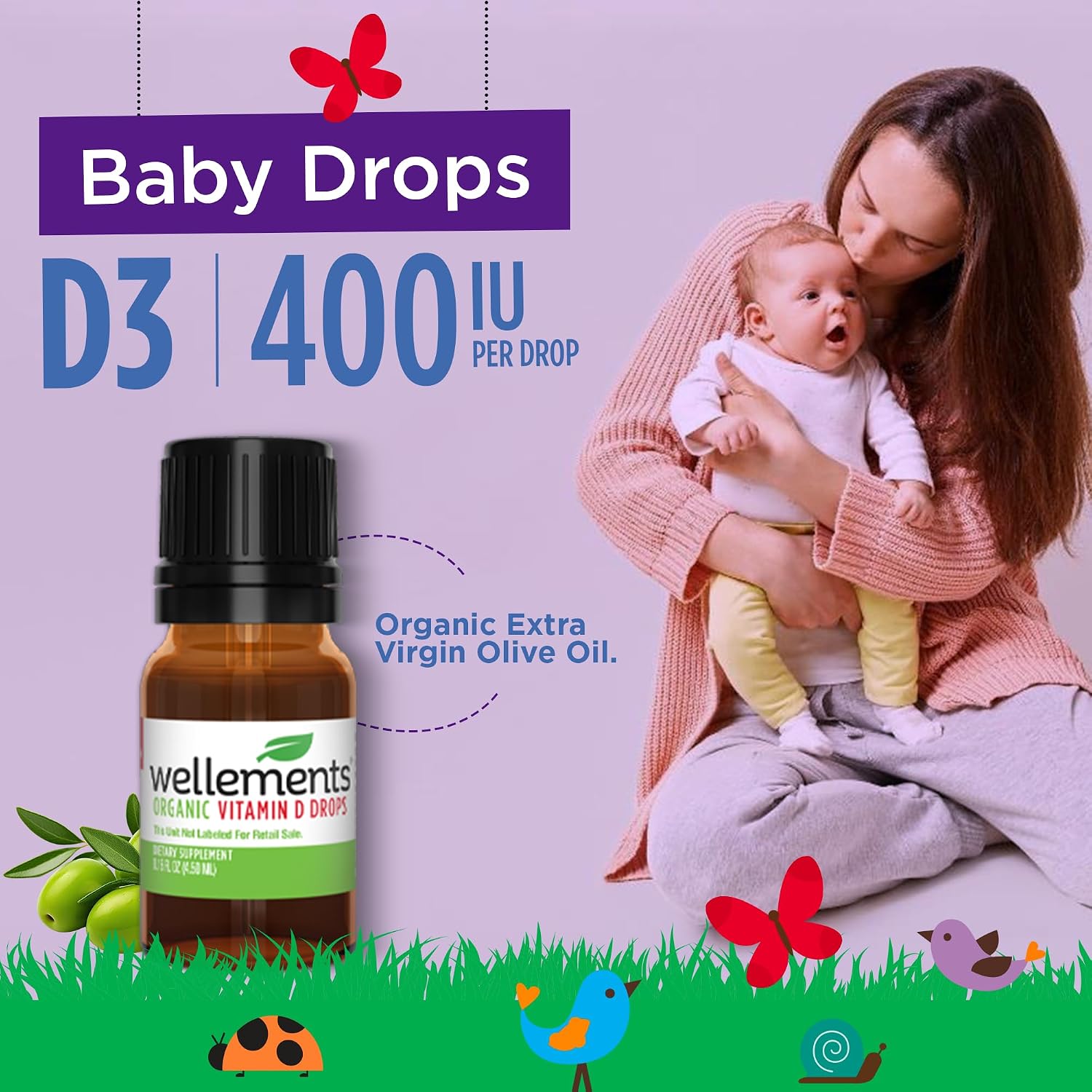 Wellements Gotas Orgánicas de Vitamina D3 para Bebés y Niños Pequeños (90 Días) - 400 IU por Gota