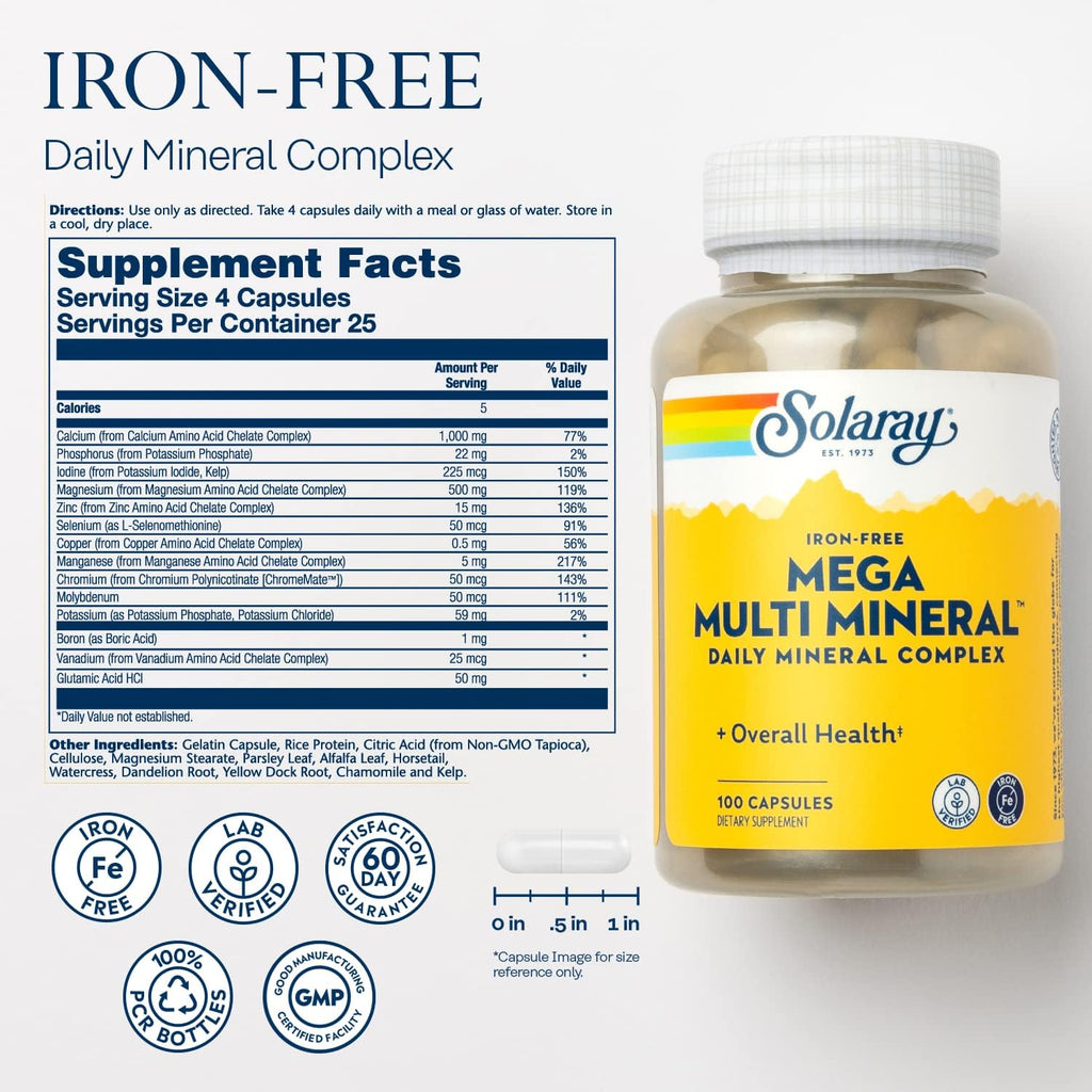 SOLARAY Mega Multi Mineral - Complejo Mineral Diario, 100 Cápsulas Vegetales