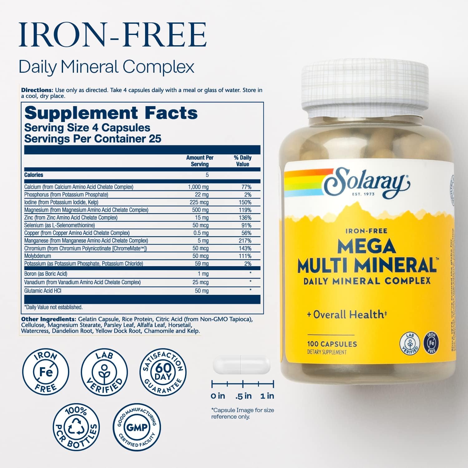 SOLARAY Mega Multi Mineral - Complejo Mineral Diario, 100 Cápsulas Vegetales