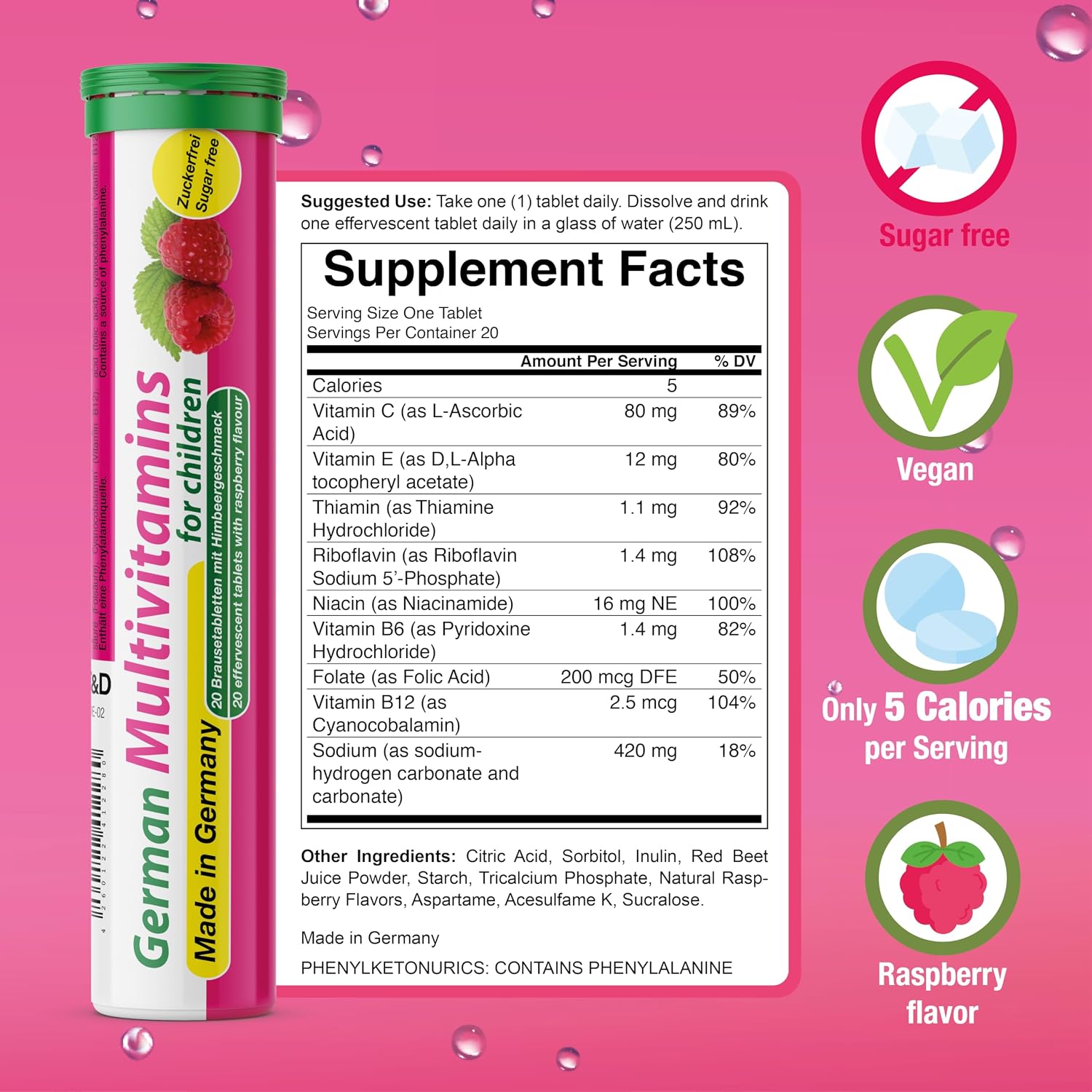 T&D Multivitamínico Infantil 8 Vitaminas - 100 Comprimidos Efervescentes Veganos - Sabor Frambuesa - Hecho en Alemania