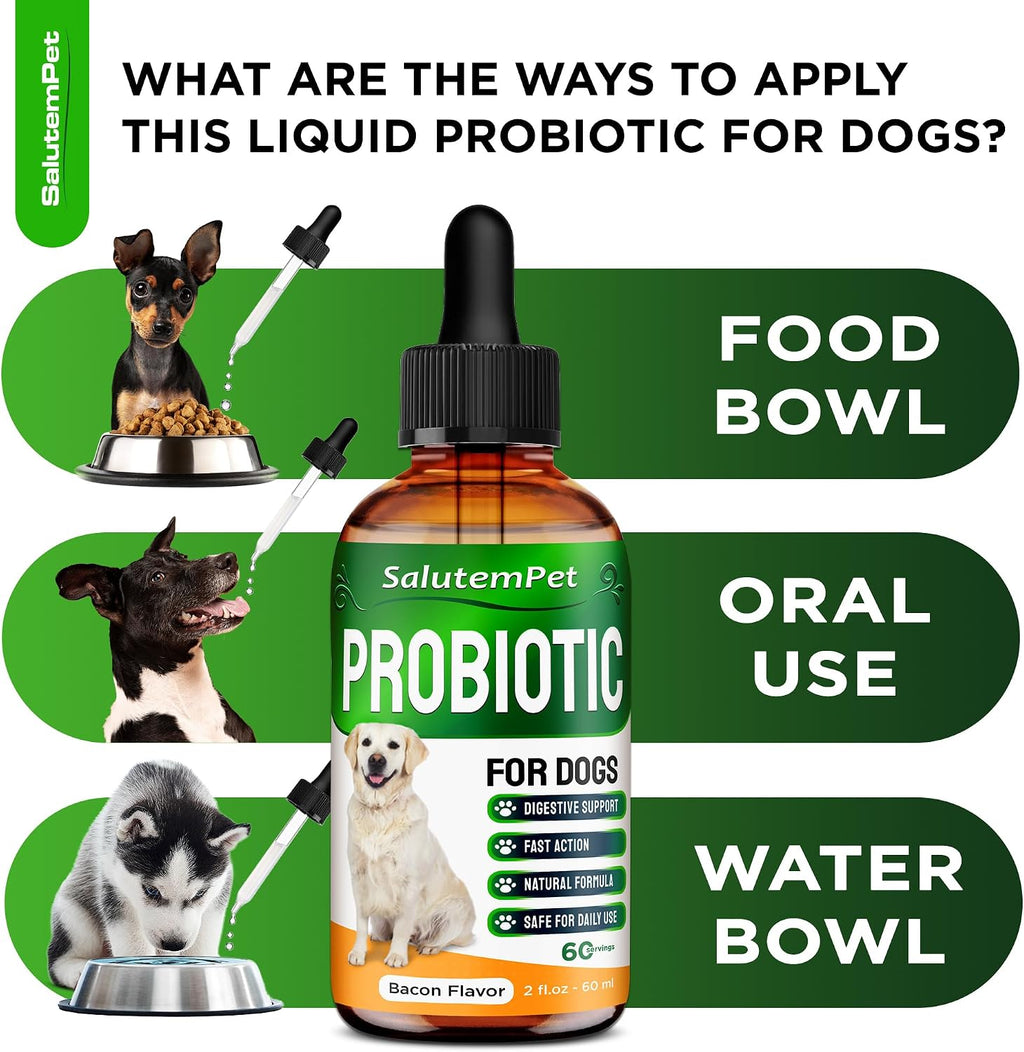 Probióticos Líquidos para Perros y Cachorros con Prebióticos y Enzimas Digestivas - Sabor Bacon - 60 ml