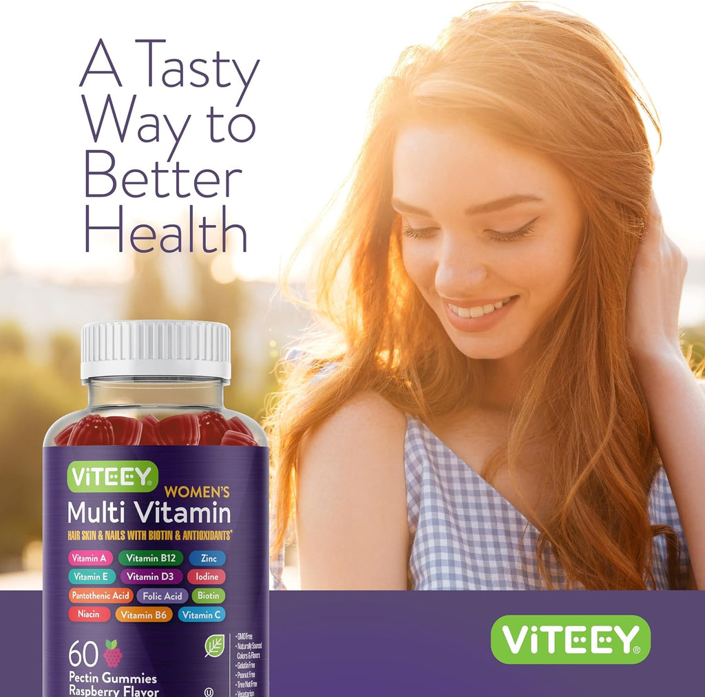 Viteey Gominolas Multivitamínicas para Mujeres - 12 Vitaminas y Minerales Esenciales - Sabor Frambuesa - 120 Gominolas