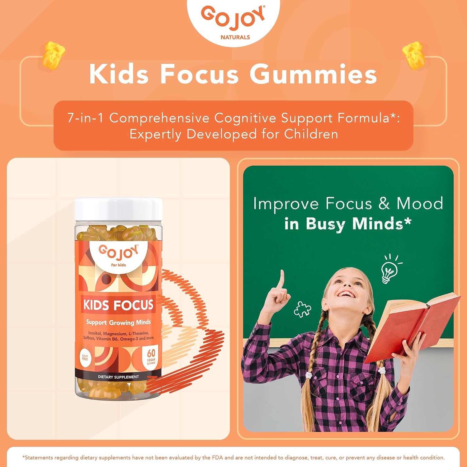 GOJOY NATURALS Kids Focus Gummies – Azafrán, Magnesio Glicinato, L-Teanina e Inositol – Apoyo a la Concentración y Calma – Vegano, Sin Azúcar, Sin OMG