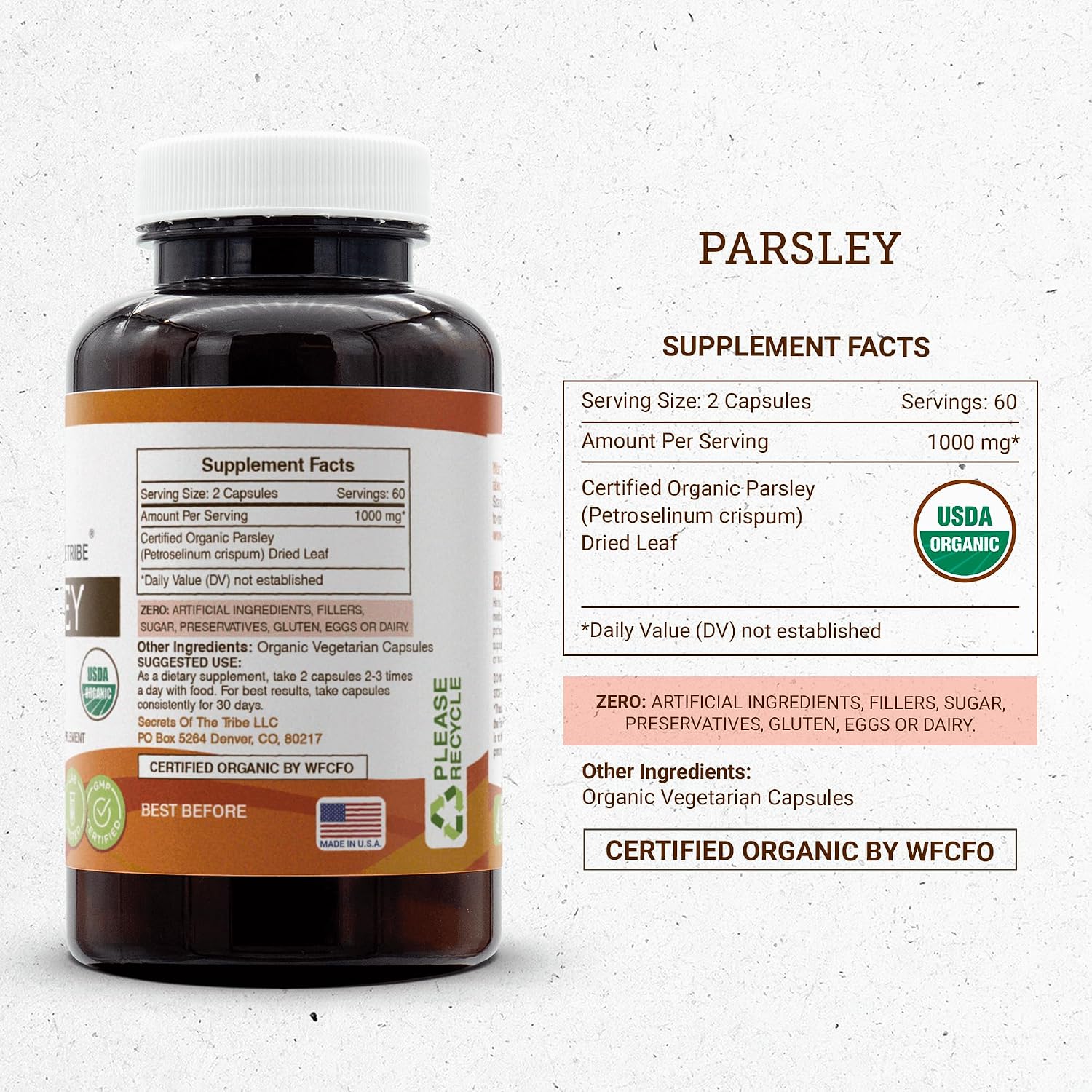 Secrets of the Tribe Parsley USDA Organic | Cápsulas vegetales de perejil orgánico (hoja seca) 120 cápsulas