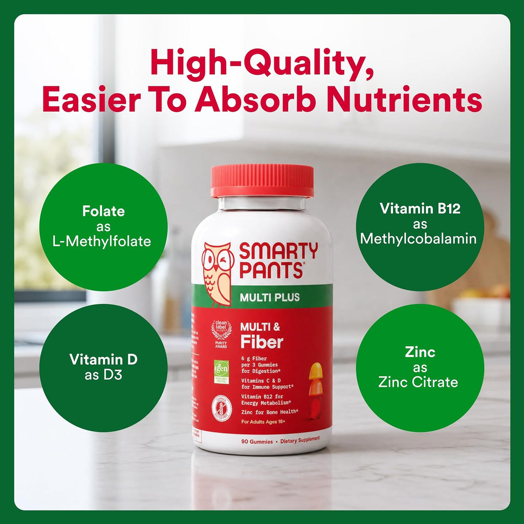 SmartyPants Plus Multi & Fiber Multivitamínico en Gominolas para Hombres y Mujeres con Fibra Prebiótica, Omega 3 DHA/EPA, Vitaminas D3, C, B12, B6, A, K, Zinc, Clean Label, Tres Sabores de Frutas, 90 unidades (Ración para 30 días)