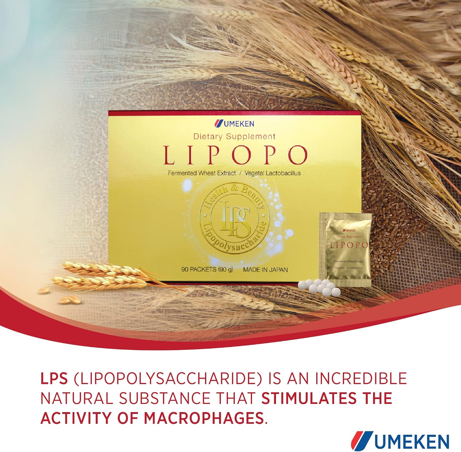 Umeken Lipopo, Suministro para 3 Meses – Lipopolisacárido, Betaglucano de Levadura, Bacterias Lácticas y Vitamina C. 90 Sobres. Hecho en Japón.