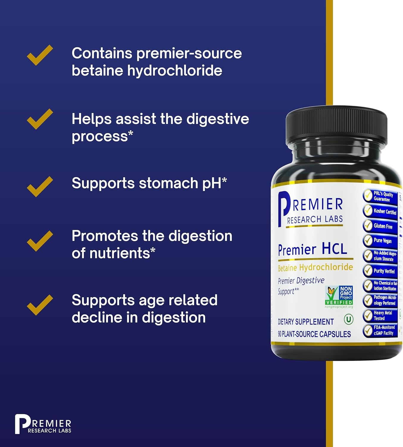 Premier Research Labs Premier HCL - Betaina HCL, 90 Cápsulas Vegetales