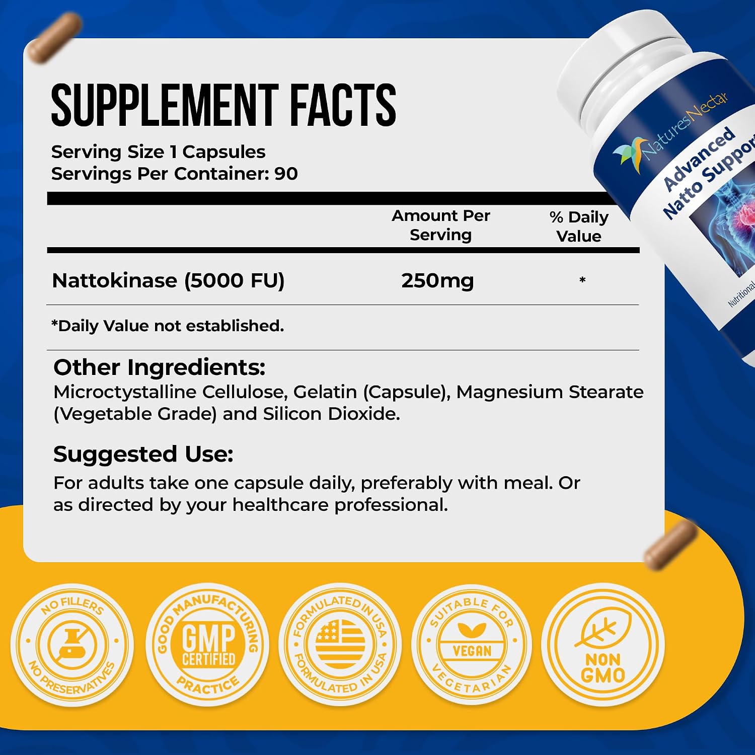 Nature's Nectar Nattokinasa Orgánica 250mg - Doble Concentración 5000 FU - Apoya la Salud Cardiovascular y Circulación Sanguínea - 90 Cápsulas