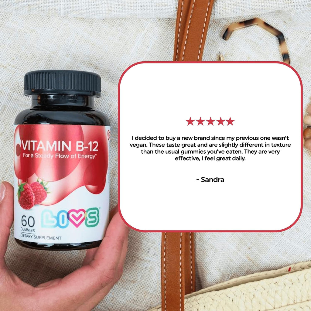 LIVS Vitamina B12 Gummies - 1500 mcg de Metilcobalamina Vegana - Suplemento para Energía, Metabolismo y Nervios - 60 Gominolas Sabor Frambuesa
