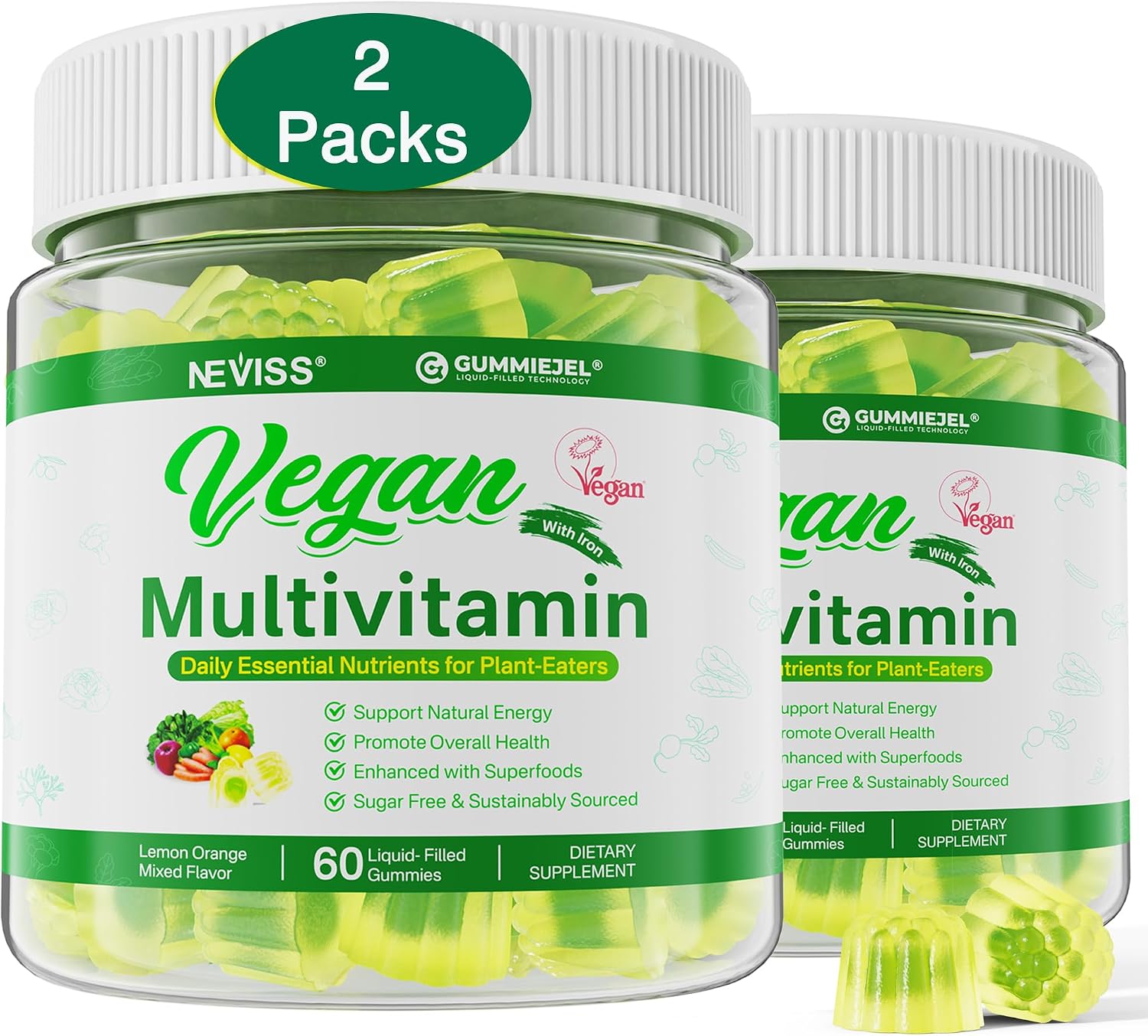 NEVISS Multivitamínico Vegano para Mujeres y Hombres - 60 Gominolas Sin Azúcar con B12, D3+K2, Omega-3, Hierro, Colina, Zinc
