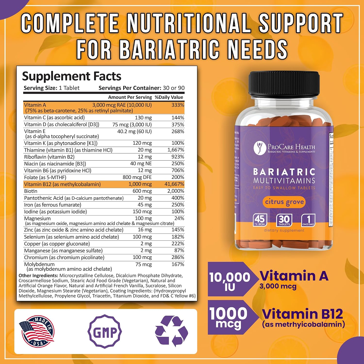 ProCare Health Multivitamínico Bariátrico con Hierro 45mg - 30 Comprimidos Fáciles de Tragar