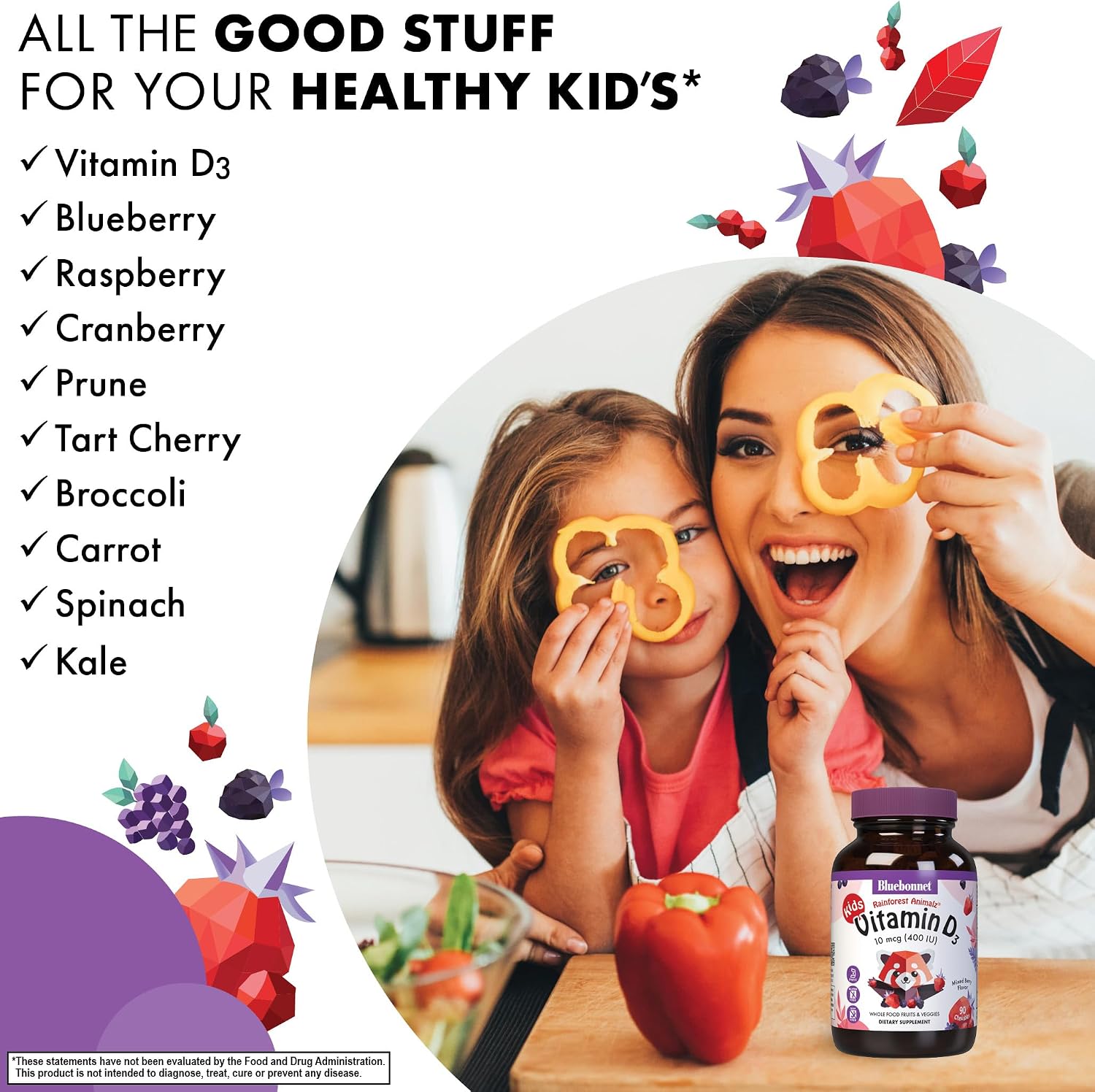 Bluebonnet Nutrition Rainforest Animalz Vitamina D3 400 UI Comprimidos Masticables, Sabor Bayas Mixtas, 90 Unidades