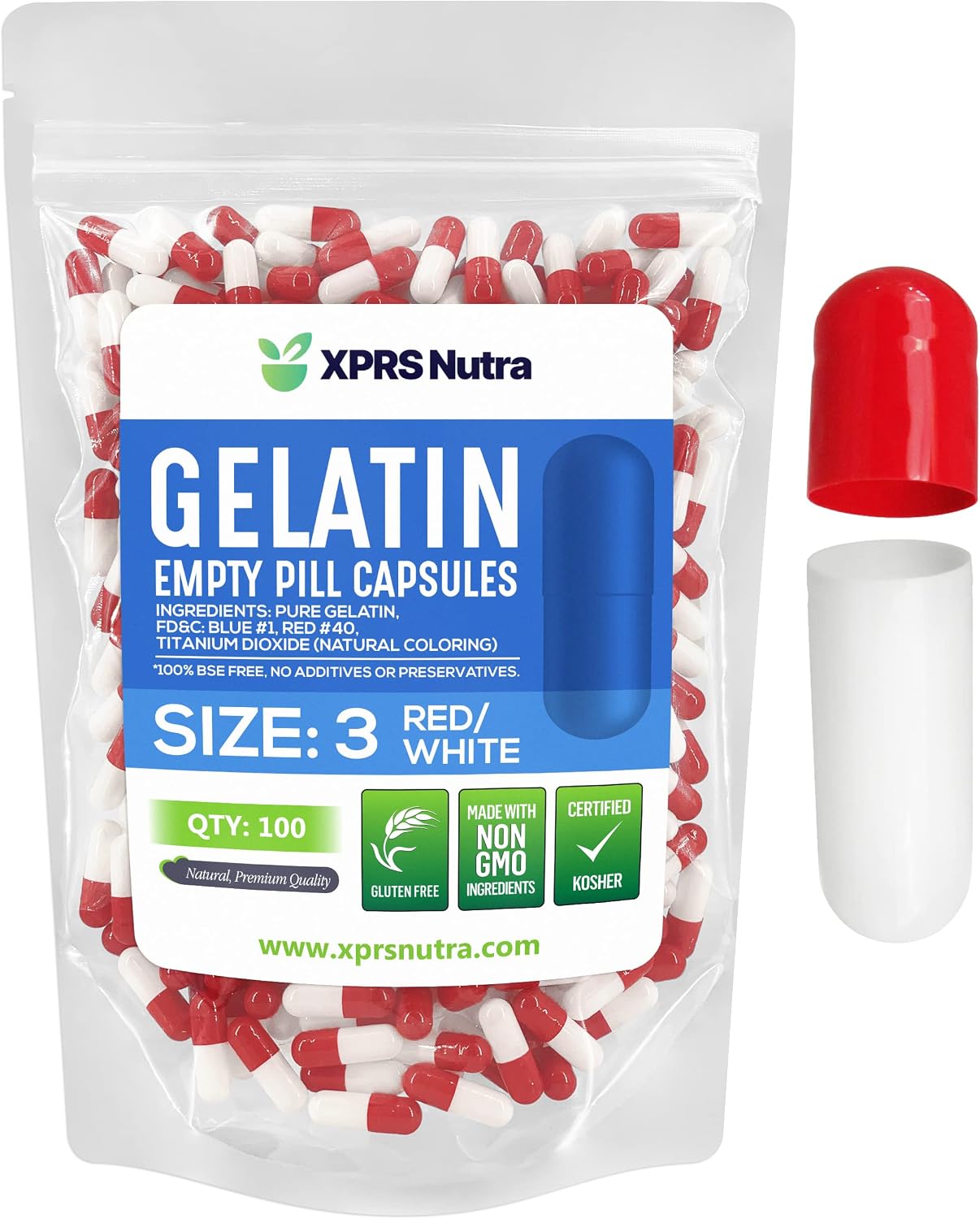 Cápsulas Vacías de Gelatina Tamaño 3 - 100 Unidades - XPRS Nutra (Rojo/Blanco)