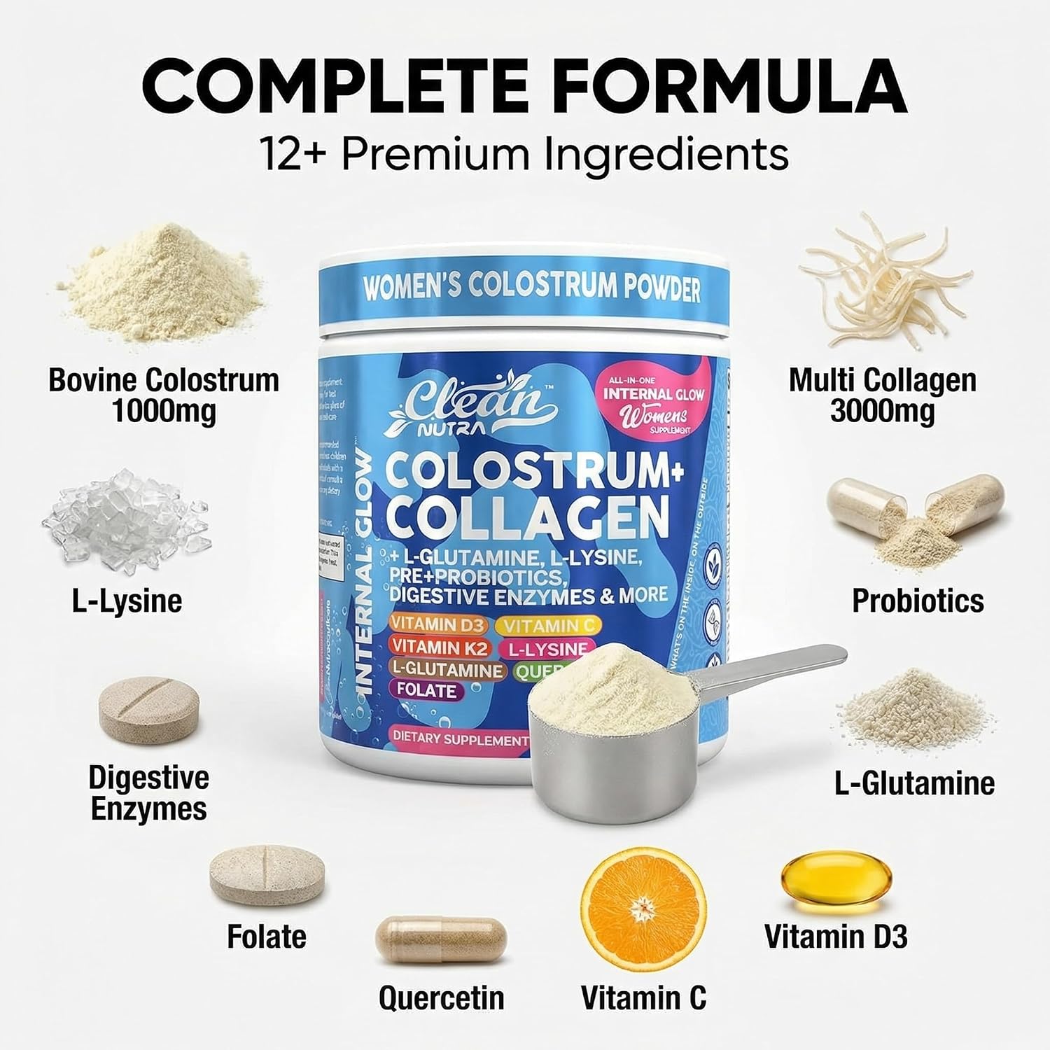 Calostro Bovino en Polvo + Colágeno con L-Glutamina, Vitaminas D, K2, C y Probióticos | Clean Nutra