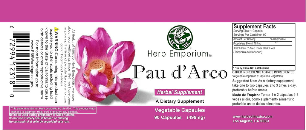 Herb Emporium Pau D'Arco Inner Bark (Tabebuia impetiginosa) - 90 Capsules of 495 mg