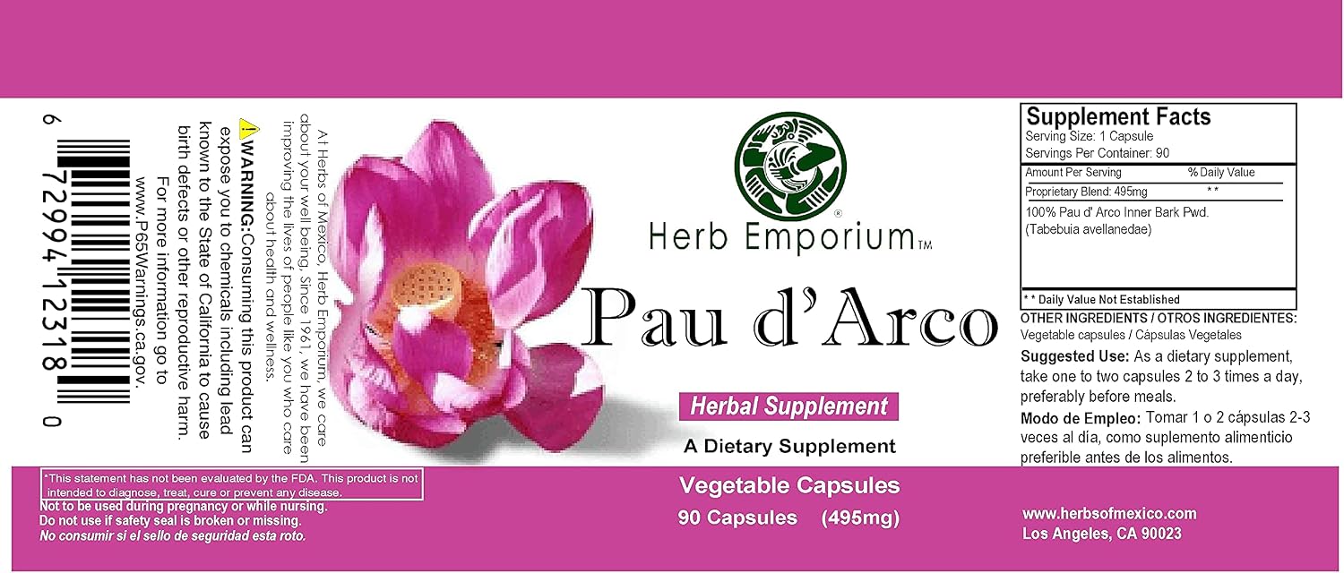 Herb Emporium Pau D'Arco Inner Bark (Tabebuia impetiginosa) - 90 Capsules of 495 mg