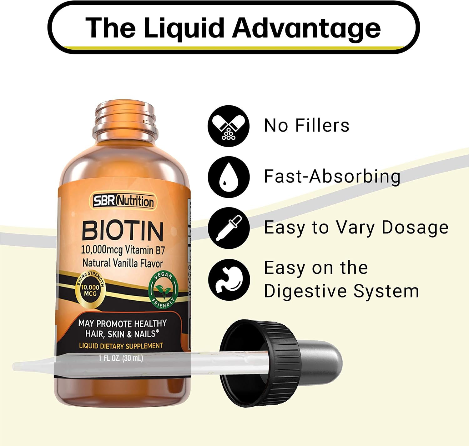 SBR Nutrition Biotina Líquida Máxima Absorción 10000 mcg - 60 Dosis