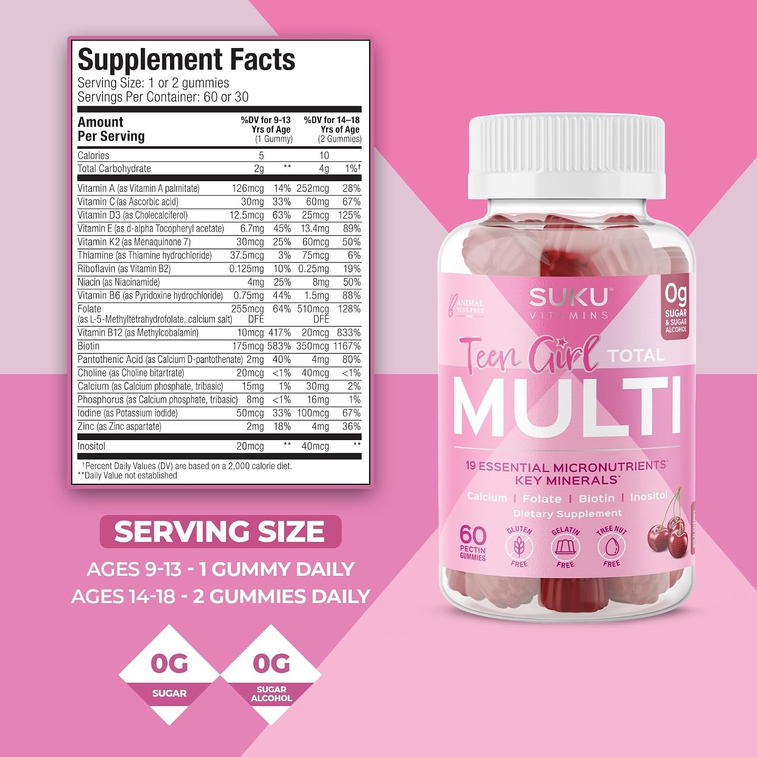 SUKU Gominolas Multivitamínicas para Chicas Adolescentes - Sin Azúcar - 60 Gomitas Sabor Cereza